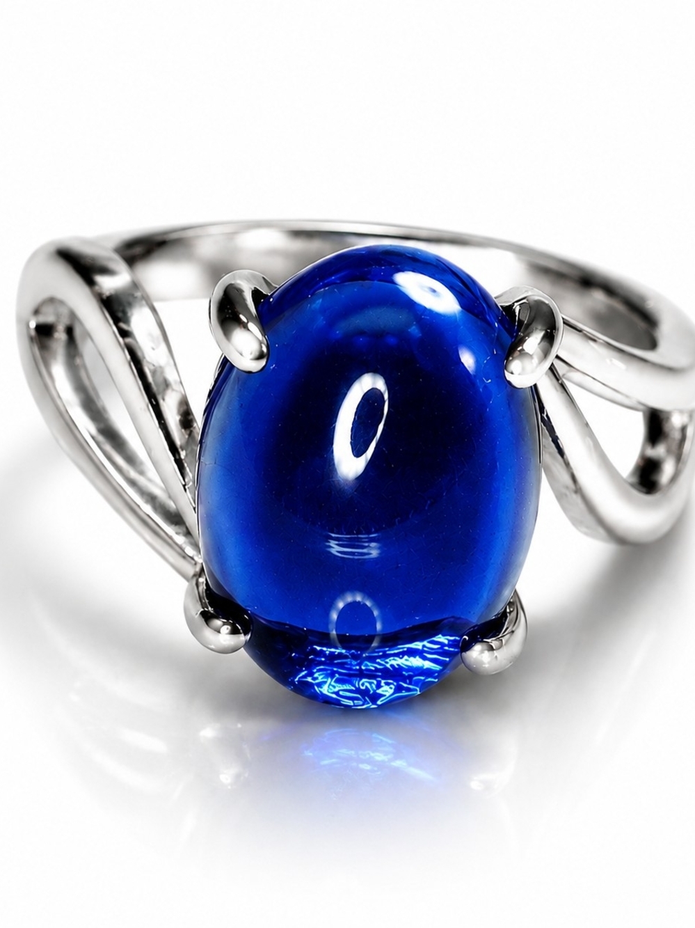 Blue Glass Cabochon Ring Silver Tone Statement Ring Cobalt Blue Cocktail Ring